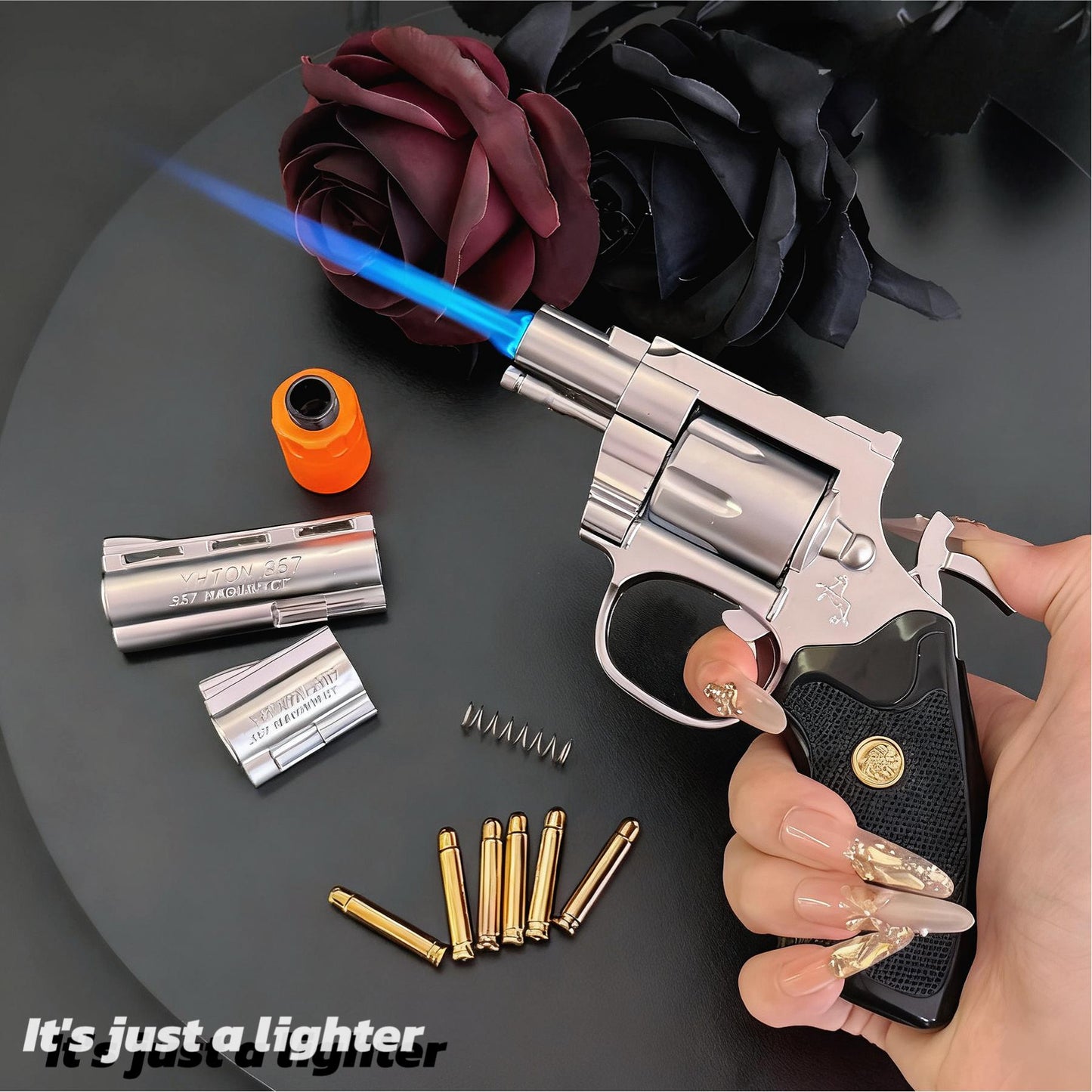 Revolver Metal Windproof Lighter - Rich Gold, Silver, Black-Refillable, Adjustable Flame(Requires Inflation)