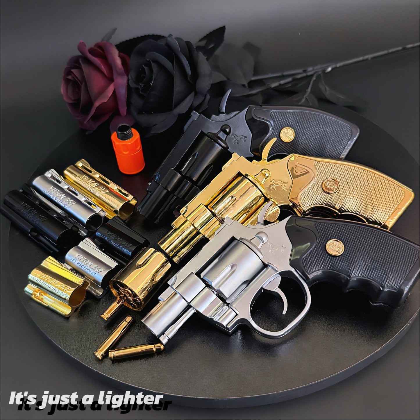 Revolver Metal Windproof Lighter - Rich Gold, Silver, Black-Refillable, Adjustable Flame(Requires Inflation)