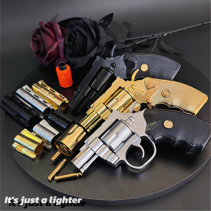 Revolver Metal Windproof Lighter - Rich Gold, Silver, Black-Refillable, Adjustable Flame(Requires Inflation)